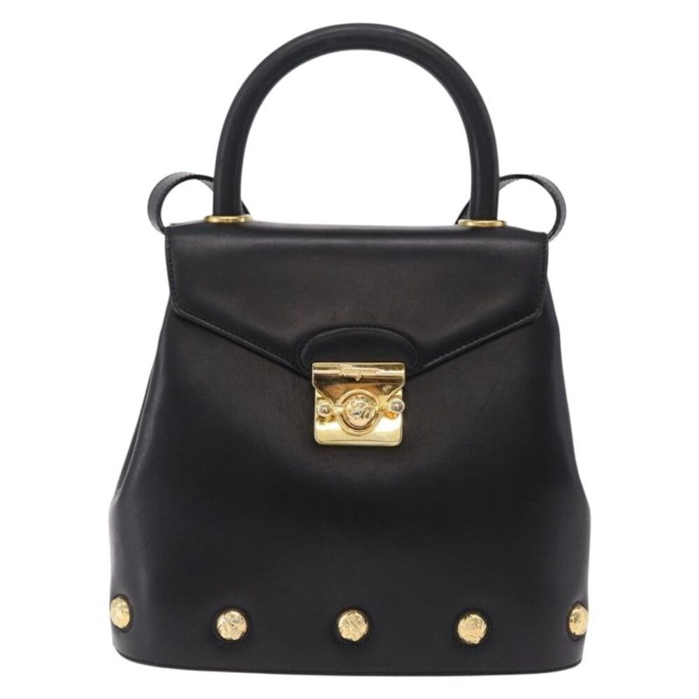 Salvatore Ferragamo Vintage Flap Lock Studded Leather Black Leather Handbag